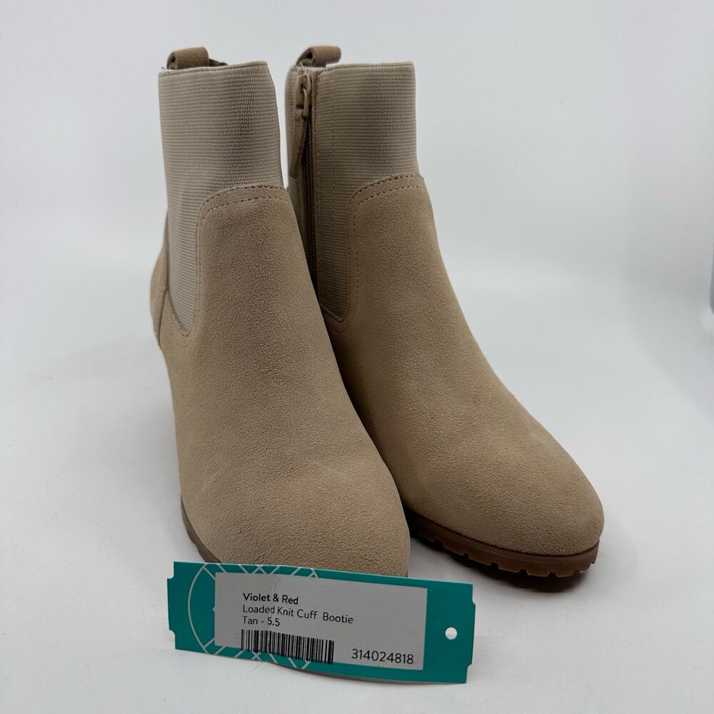 Violet & Red Loaded Knit Cuff Bootie Block Heel Faux Suede Tan Womens Size US5.5 - Picture 7 of 7